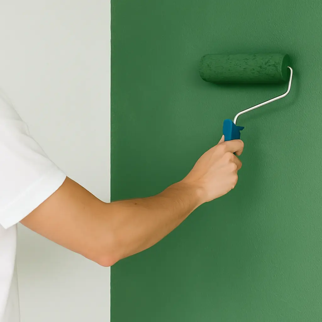 Nahaufnahme eines Malerarms beim Streichen einer grünen Wand mit Farbrolle – präzise Innenraumgestaltung in Panketal.